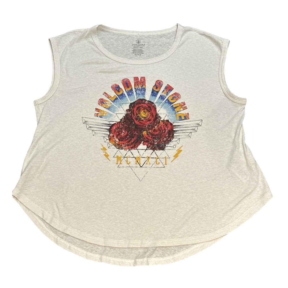 VOLCOM women's loose fitting white graphic rose tank, size xs - can fit larger.